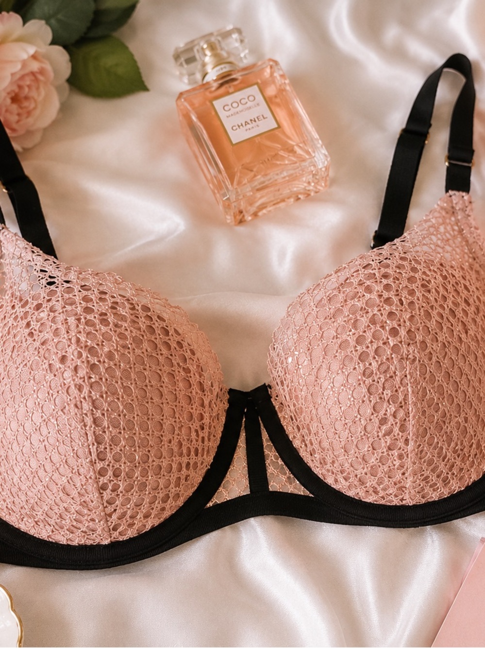Victoria's Secret Pink Lace Mesh Underwire Bra with Black Trim